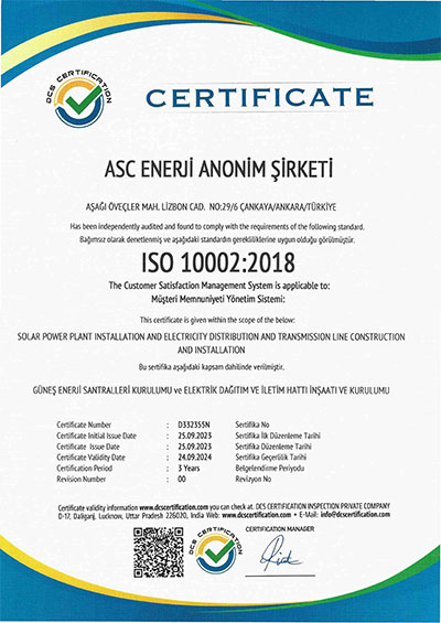 ASC Enerji ISO 10002 Sertifikası