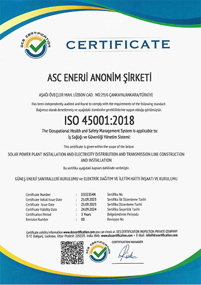 ASC Enerji ISO 45001 Sertifikası