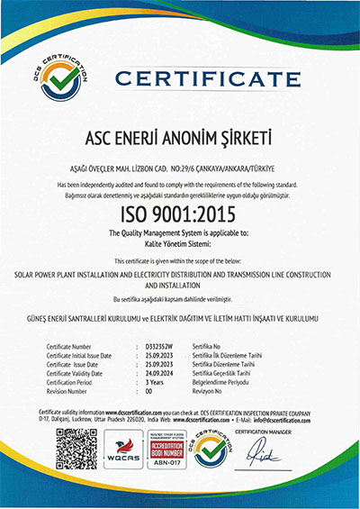 ASC Enerji ISO 9001 Sertifikası